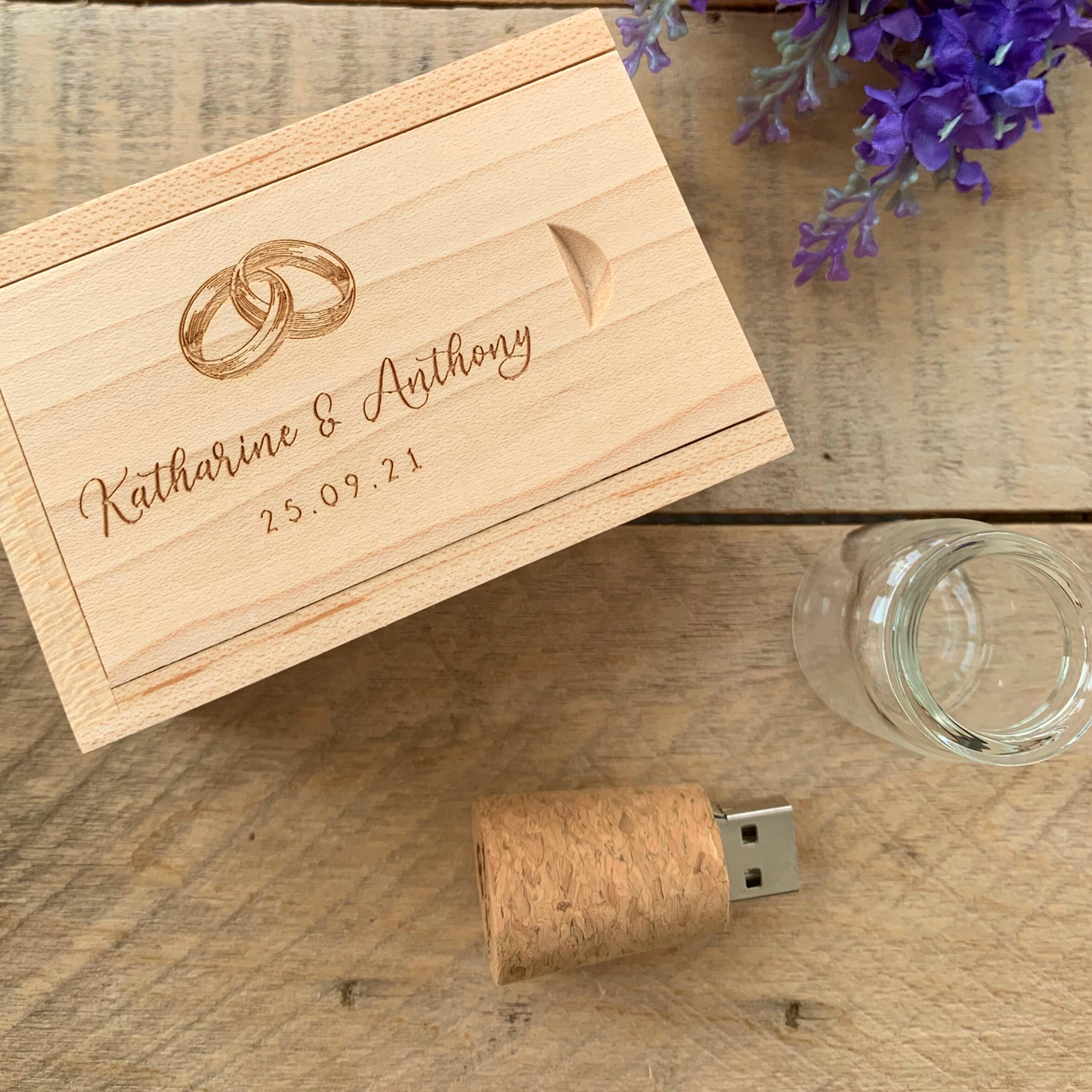 Personalised Cork Glass Bottle With Wooden Wood USB With Box 4GB- 64GB