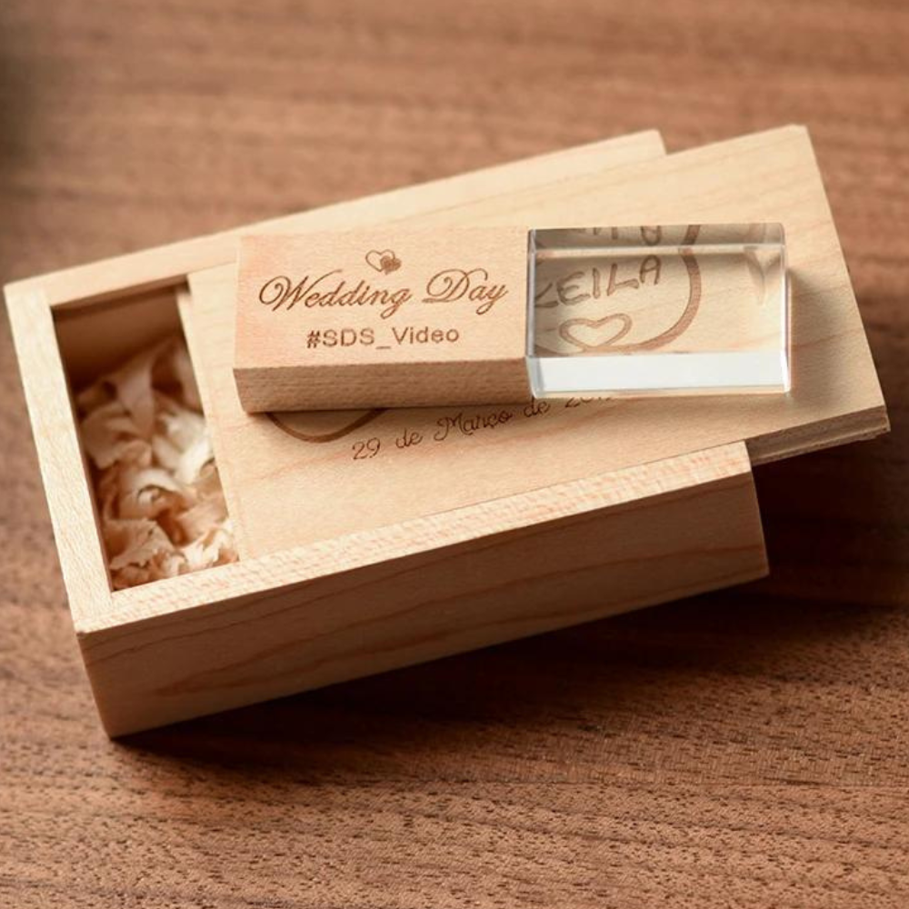 Personalised Crystal Wooden Wedding USB With Box 4GB-128GB