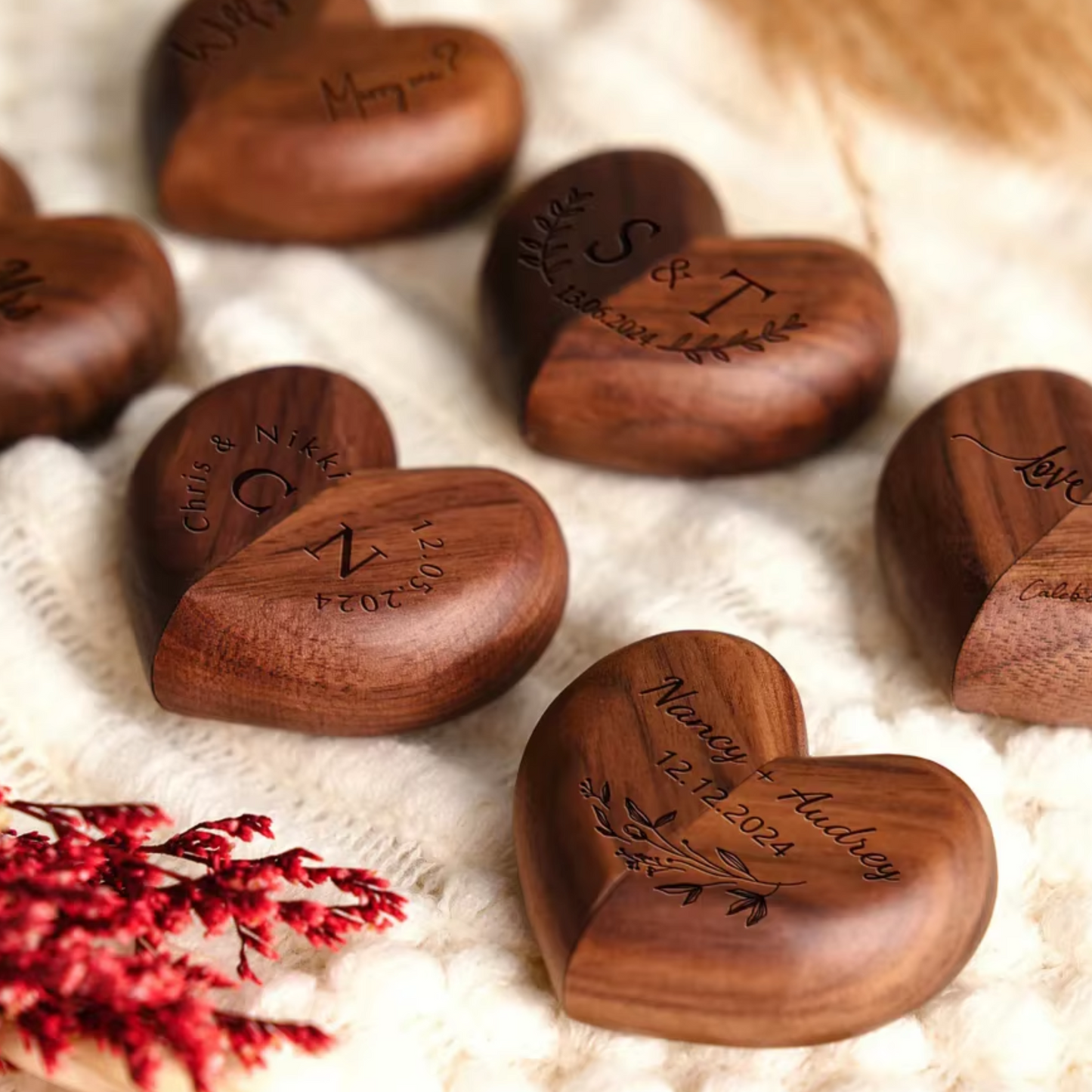 Personalised Walnut Heart Proposal Wedding Ring Box