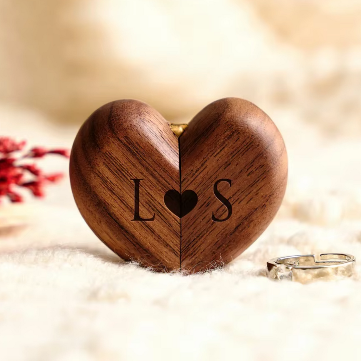 Personalised Walnut Heart Proposal Wedding Ring Box