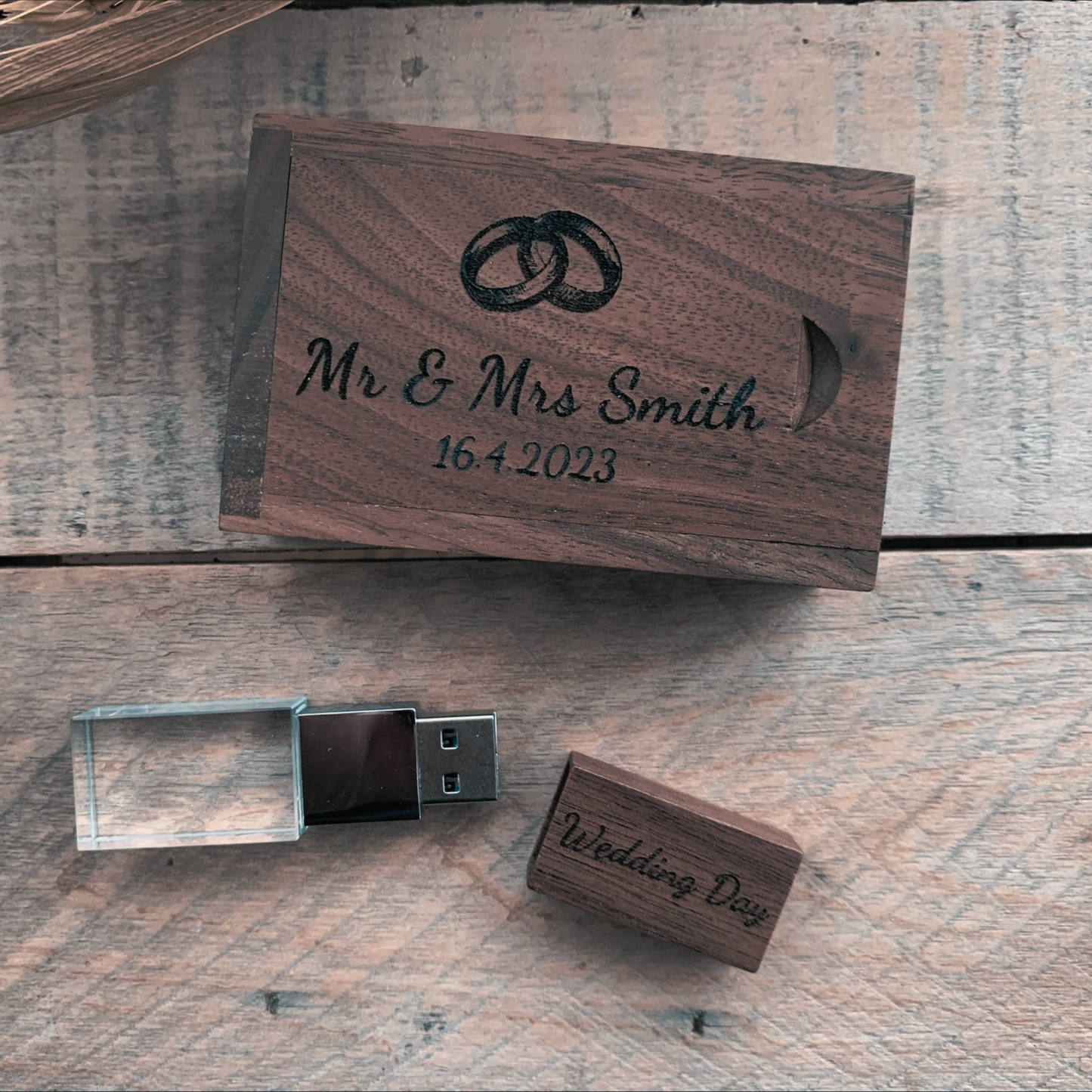 Personalised Crystal Wooden Wedding USB With Box 4GB-128GB