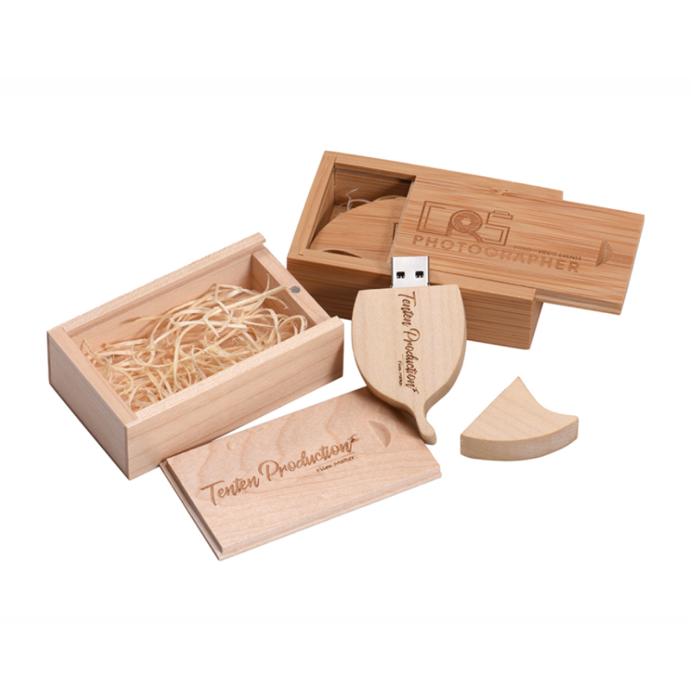 Personalised Wooden Wood Leaf USB With Box 4GB-64GB