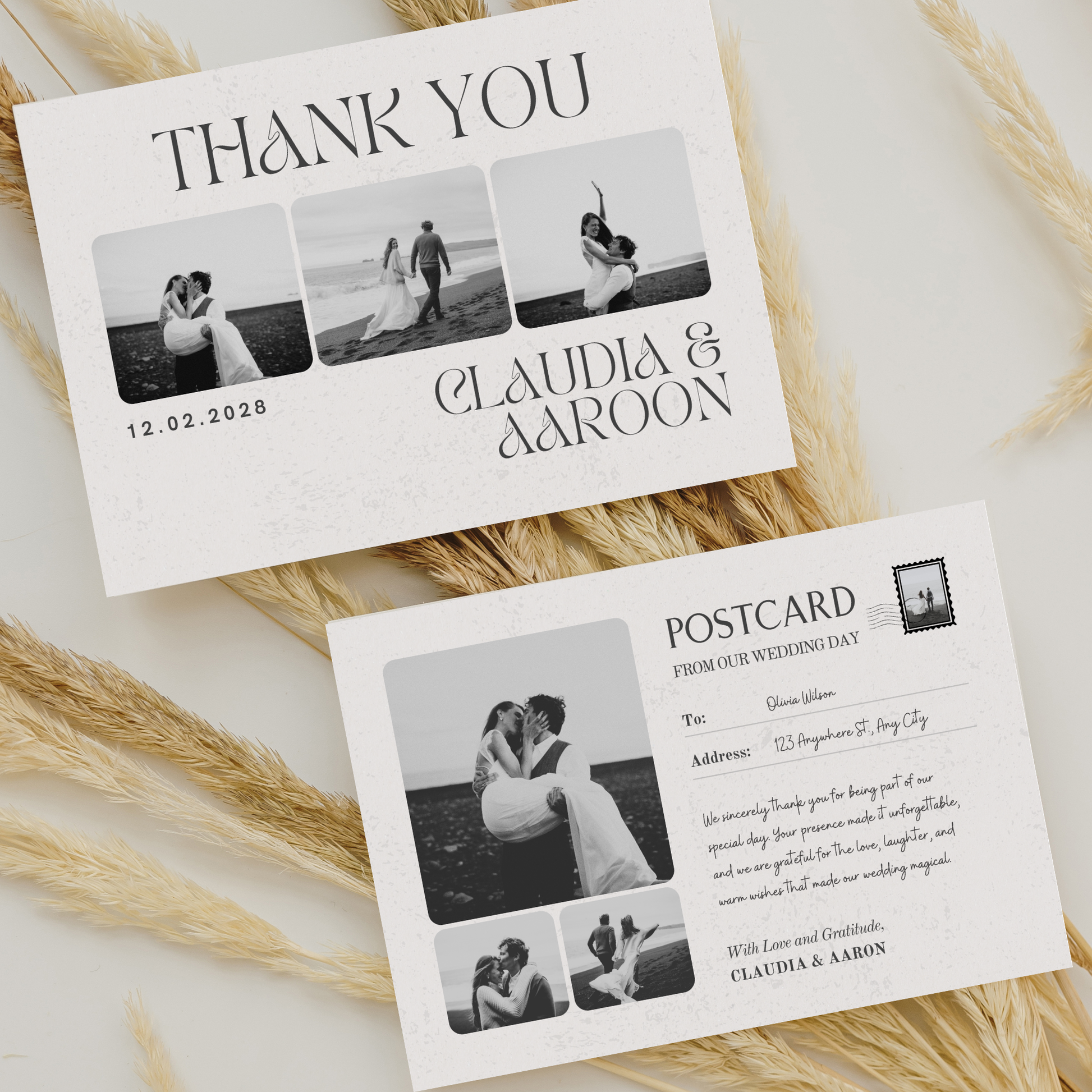 Wedding thank you postcard with black and white photos and text on a light background.