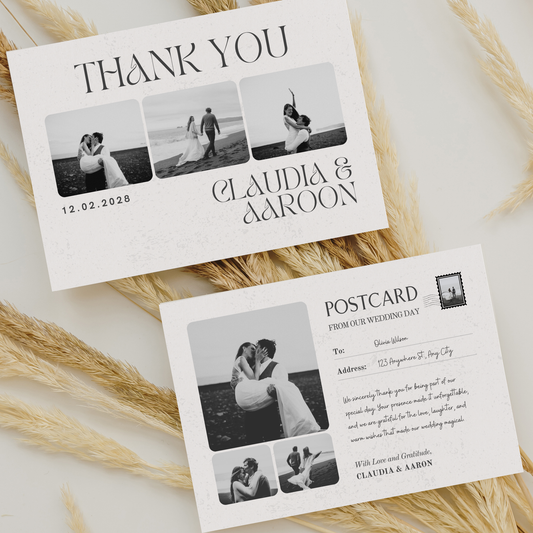 Wedding thank you postcard with black and white photos and text on a light background.