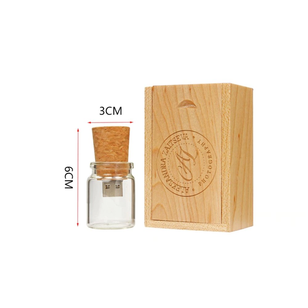 Personalised Cork Glass Bottle With Wooden Wood USB With Box 4GB- 64GB - Etchoo